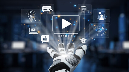 A futuristic robot hand reaches out to engage with transparent digital icons that symbolize technology and media in a modern workspace setting. Synapse