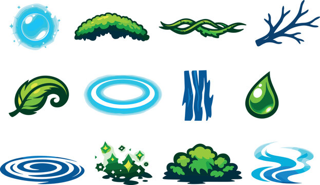 Two-Color vector icons of foxfire in dark forest: glowing foxfire bead, moss patch arc, twisted root line, branch silhouette,