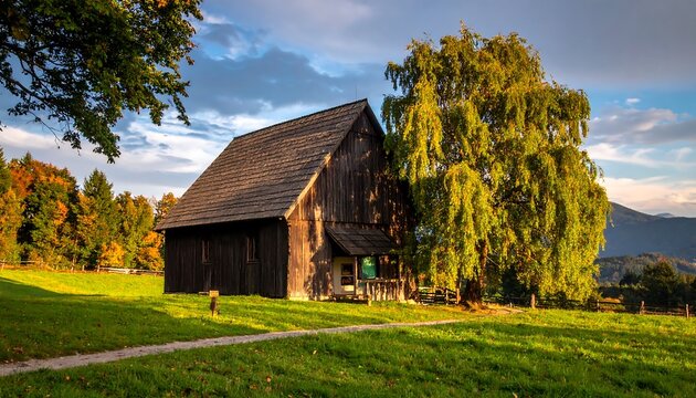 Rustic wooden barn nestled in a lush green meadow with trees, under a blue sky with scattered clouds