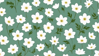 Seamless floral pattern with white, anemone-like flowers and foliage on a muted green background