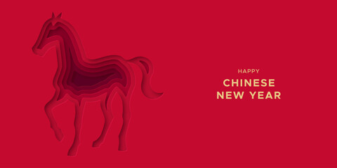 Fototapeta premium Happy Chinese New Year of the horse 2026 paper cut illustration template in realistic 3d style. China culture festival event banner with papercut animal shape. Traditional cutout greeting card design.