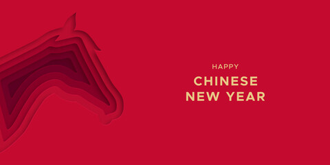 Fototapeta premium Happy Chinese New Year of the horse 2026 paper cut illustration template in realistic 3d style. China culture festival event banner with papercut animal shape. Traditional cutout greeting card design.