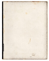 Nahaufnahme der leeren R&uuml;ckseite einer &auml;lteren Brosch&uuml;re im Hochformat. Helles, cremefarbenes Papier/Karton mit feiner Struktur, dunkler Vignette an den R&auml;ndern, leichten Flecken, Abriebspuren.