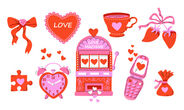 Set of cute and playful illustrations about love with heart, bow, candy, puzzle element, cup, strawberries, slot machine, mobile phone, alarm clock. Suitable for Valentine's Day, romance, love themes.