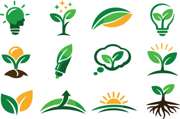 Two-Color vector icons of eco-inspired ideas: green-thought bulb, nature-spark stem, leaf-shaped concept arc, clean eco-filament;