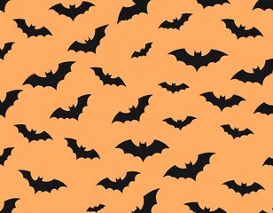 Seamless pattern featuring black bat silhouettes scattered across a solid orange background, Halloween themed and spooky