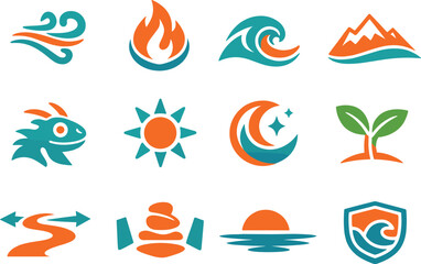 Fototapeta premium Two-Color vector icons of carved storytelling: symbol of wind, mark of fire, wave etch, mountain line; creature outline, sun disc