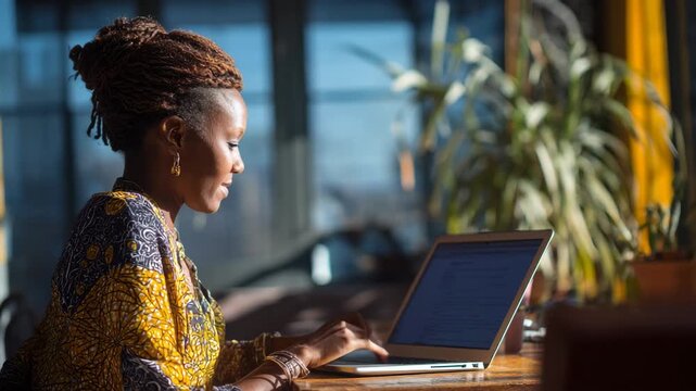 Woman working on laptop in cozy environment