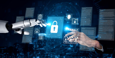 Innovative interaction between human and robot showcasing cybersecurity measures, integrating...