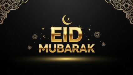 Golden Eid Mubarak Text with Islamic Ornaments and Stars on Black Background