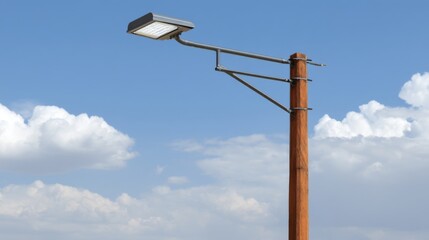 Obraz premium Wooden Lamp Post with Modern LED Light Under Clear Blue Sky Surrounded by Wispy Clouds in Bright Daylight Setting