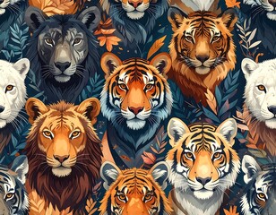 Seamless pattern featuring diverse lions and tigers among lush foliage, creating a vibrant wildlife composition