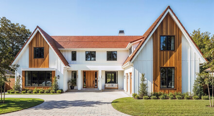 Fototapeta premium Modern suburban farmhouse exterior with white siding wood accents red roof black windows and landscaped green front yard