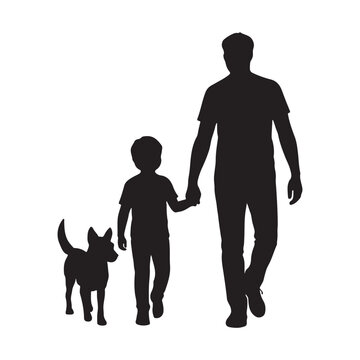 Silhouette of  father and son walking with dog vector illustration. Father daughter and pet outdoor walk vector