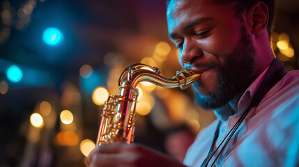 African American jazz musician with saxophone, faceless performer, musical artistry, jazz culture, instrumental performance, defocused stage background, with copy space