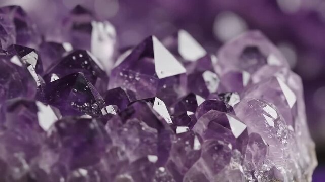 Closeup of a beautiful amethyst crystal cluster with sparkling facets and vibrant purple hues.