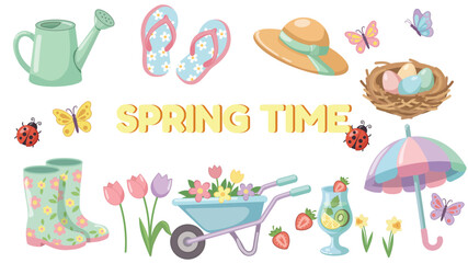 Springtime collection set with gardening tools, flowers, and butterflies vector illustration 