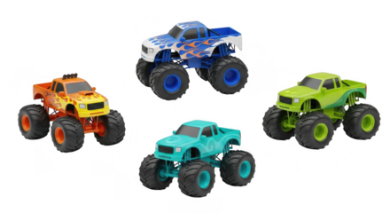 Four colorful toy monster trucks isolated on transparent background