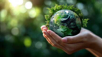 Global environmental concept in green forests, nature conservation, ecological awareness, planet protection, sustainability visualization, defocused woodland, with copy space