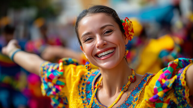 Woman with charm of Colombia wearing vibrant colored dress dancing jubilantly, faceless dancer, Latin American culture, festive celebration, traditional costume, defocused backgrou