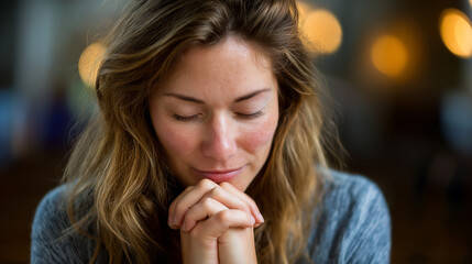 Attractive woman praying in church, faceless worshipper, religious devotion, spiritual practice, faith expression, defocused sanctuary interior, with copy space