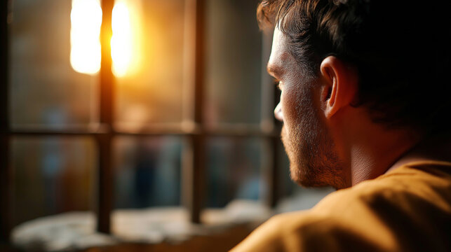 Paul apostle in prison, faceless biblical figure, religious persecution, spiritual imprisonment, Christian narrative, faith trial, defocused cell interior, with copy space