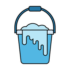 A blue bucket contains a light blue liquid spilling over the side.