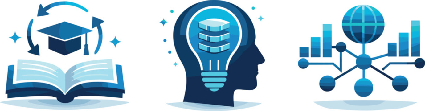 Knowledge Management Icons. Strategic knowledge management ecosystem expressed through continuous learning, insight retention, and