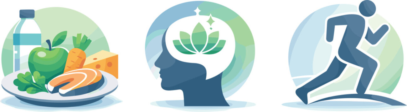 Holistic Health Icons. Holistic health framework depicted through balanced diet, mental wellness, and consistent physical activity