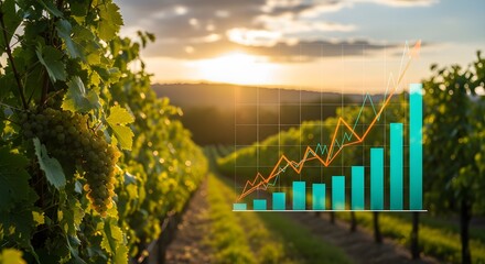 Naklejka premium Vineyard Growth Chart Agricultural Business with Rising Crop Yields at Sunset