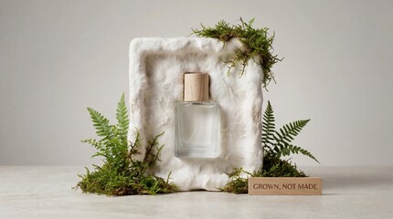 A minimalist perfume bottle sits on a textured surface, surrounded by moss and ferns, promoting natural ingredients.
