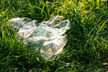 Crumpled plastic bottles are polluting a green meadow, highlighting environmental damage from plastic waste and irresponsible disposal in natural areas. Ecology, earth day, recycling