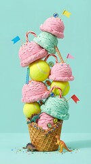  Surreal ice cream tower with giant tennis balls replacing scoops playful dessert sculpture whimsical food art
