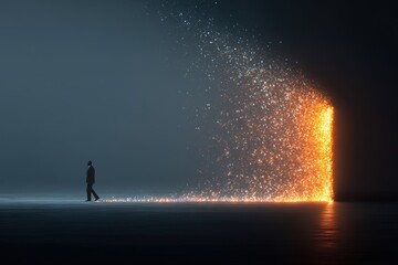Sad silhouette of a human dissolving into blue and golden particles on dark background