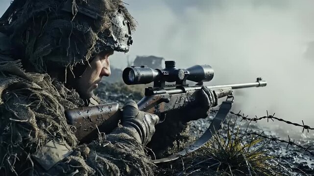 A camouflaged soldier in a ghillie suit aims a scoped rifle from a defensive position with barbed wire in the foreground and a smoky background.