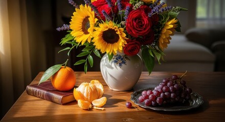 A vibrant still life composition featuring sunflowers, red roses, and fresh fruit on a wooden table
