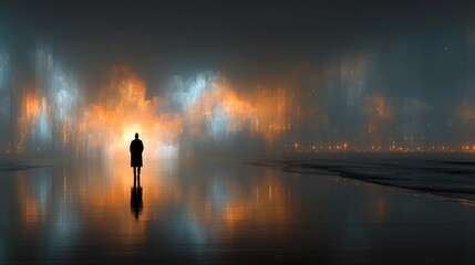 Fototapeta premium Lonely silhouette standing on wet surface against glowing city lights in thick fog