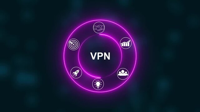 Neon Circle Diagram Illustrating VPN Concept. Digital Icons Illustrating Modern Technology Applications in Business and Industry. Business, Technology, Internet and network concept.