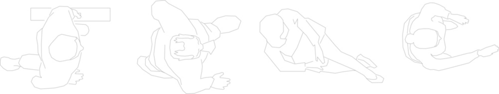 Vector line art collection of people from a top-down perspective (overhead view) in various poses, including walking and sitting, designed for architectural floor plans and space scale representation.