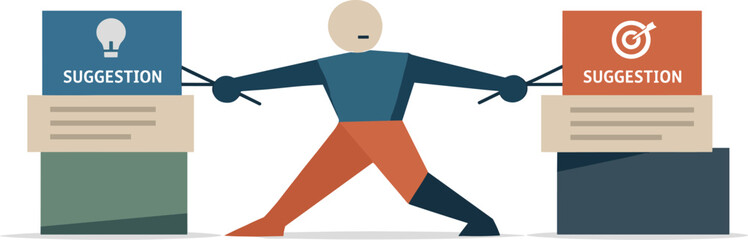 Single abstract geometric figure pulled between competing suggestion blocks revealing tension and decision paralysis in