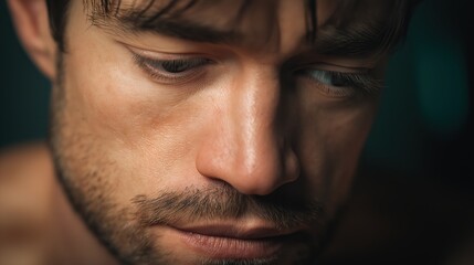 Fototapeta premium Close up portrait of a thoughtful man reflecting with cinematic soft lighting.