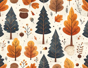 Seamless pattern stylized fall trees, leaves, mushrooms scattered on a textured, cream background