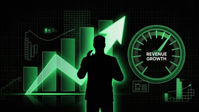 Business Growth Visualization: A silhouette of a professional stands before a vibrant display of business charts, graphs, and a prominent arrow pointing upwards.