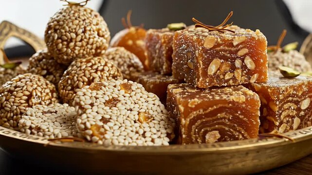 A close-up of traditional Indian or Middle Eastern sweets, including sesame seed ladoos and nut-filled halwa, on a decorative golden tray.