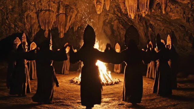 Hooded figures hold hands around fire, silent circle surrounds blazing pyre beneath cave ceiling, acolytes sway in synchronized steps while elder chants, sparks rise and stalactites loom