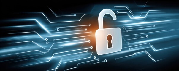 Golden padlock with digital circuitry represents online security and data protection in technology