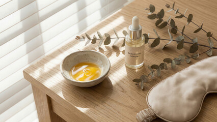 Applying bakuchiol serum for glowing skin home spa lifestyle photography bright natural light self-care concept