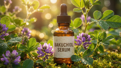 Natural skincare routine featuring bakuchiol serum in a serene forest setting captured in high-quality imagery