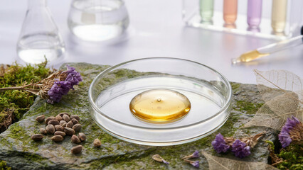 Exploring bakuchiol serum benefits nature laboratory product photography natural environment close-up skincare innovation