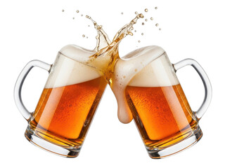 Two Beer Mugs Clinking With Frothy Splash isolated on a transparent background
